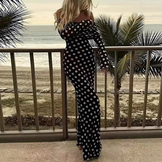 Women's One Shoulder Polka Dot Mesh Dress