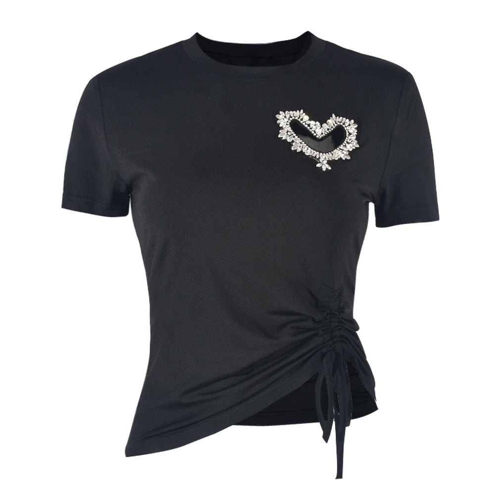Women's Rhinestone Heart Lace-Up Short Sleeve T-Shirt in Black - view 6