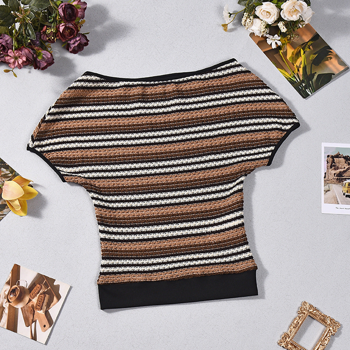 Women's Striped Knit Short Sleeve T-Shirt in Brown - view 6