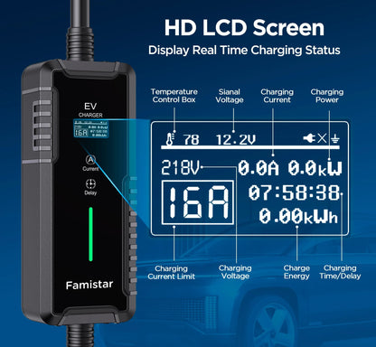Level 2 & Level 1 EV Charger, 16Amp 110-240V Portable J1772 Electric Car Charger with Adjustable Amp Delayed Timer 25ft Long Cord