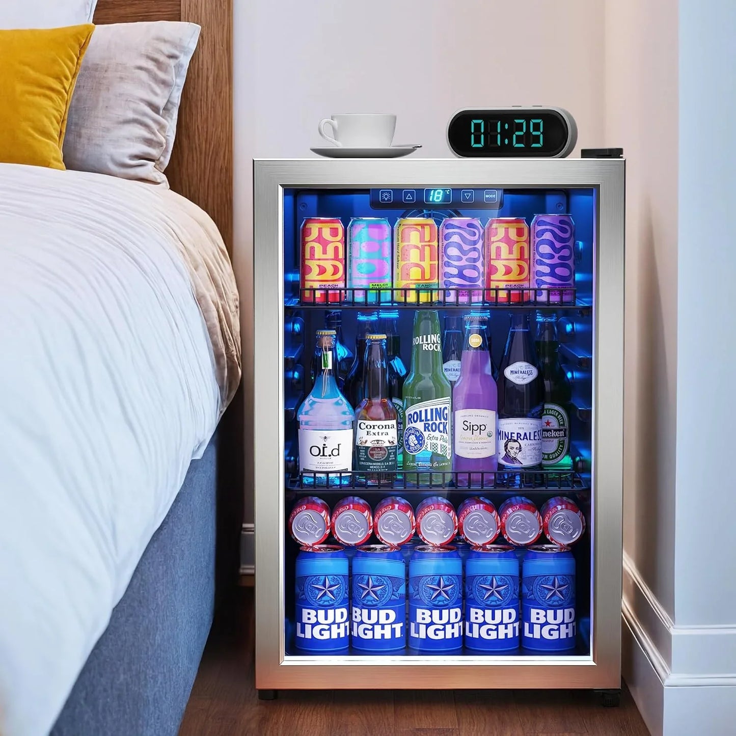 Refrigerator Cooler-120 Cans Freestanding Mini Fridge Cooler with Glass Door, Adjustable Shelves & Digital Temperature Display for Soda, Wine or Beer (Black, 3.2 Cu.Ft)