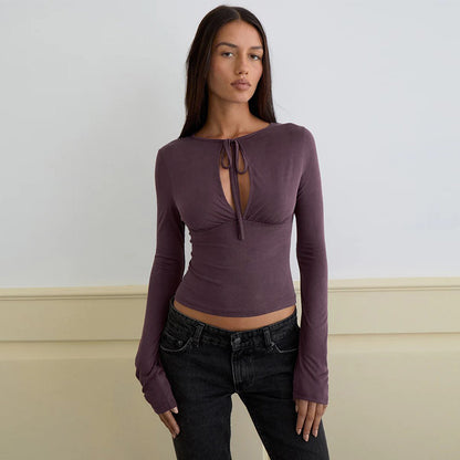Women's Hollow Bow Tie Slim Top in Dark Purple - view 2