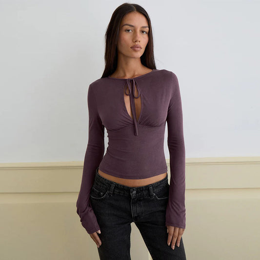 Women's Hollow Bow Tie Slim Top in Dark Purple - view 2