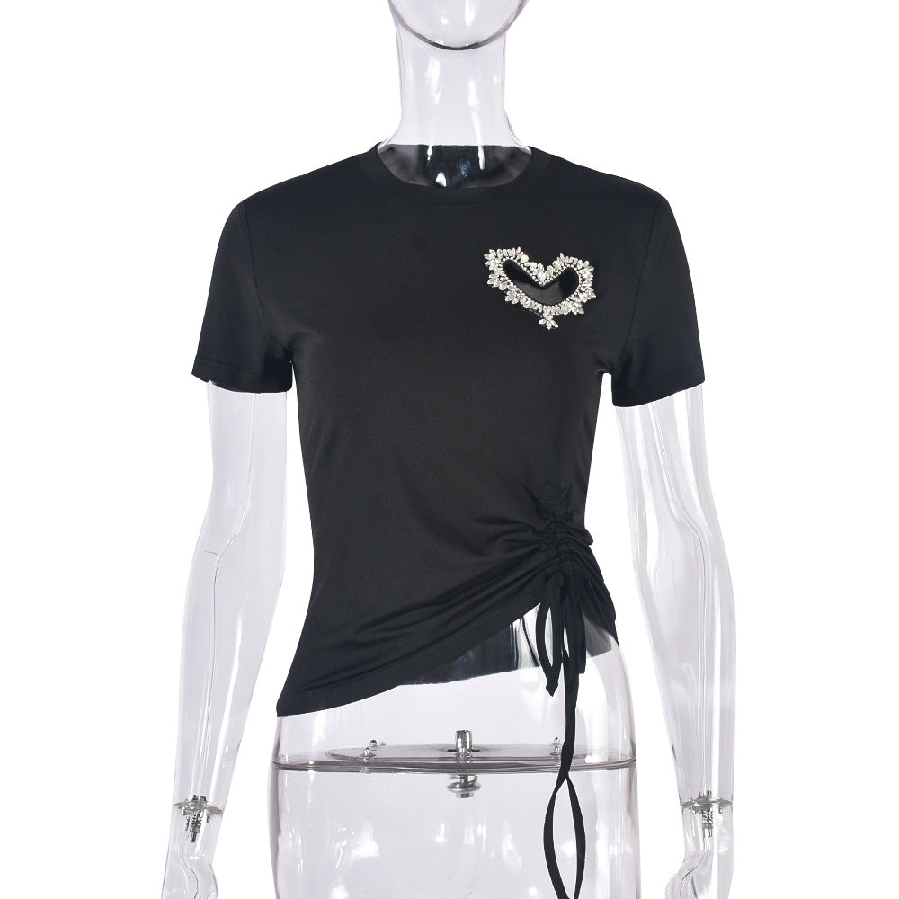 Women's Rhinestone Heart Lace-Up Short Sleeve T-Shirt in Black - view 5