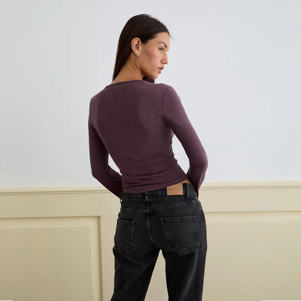Women's Hollow Bow Tie Slim Top in Dark Purple - view 4