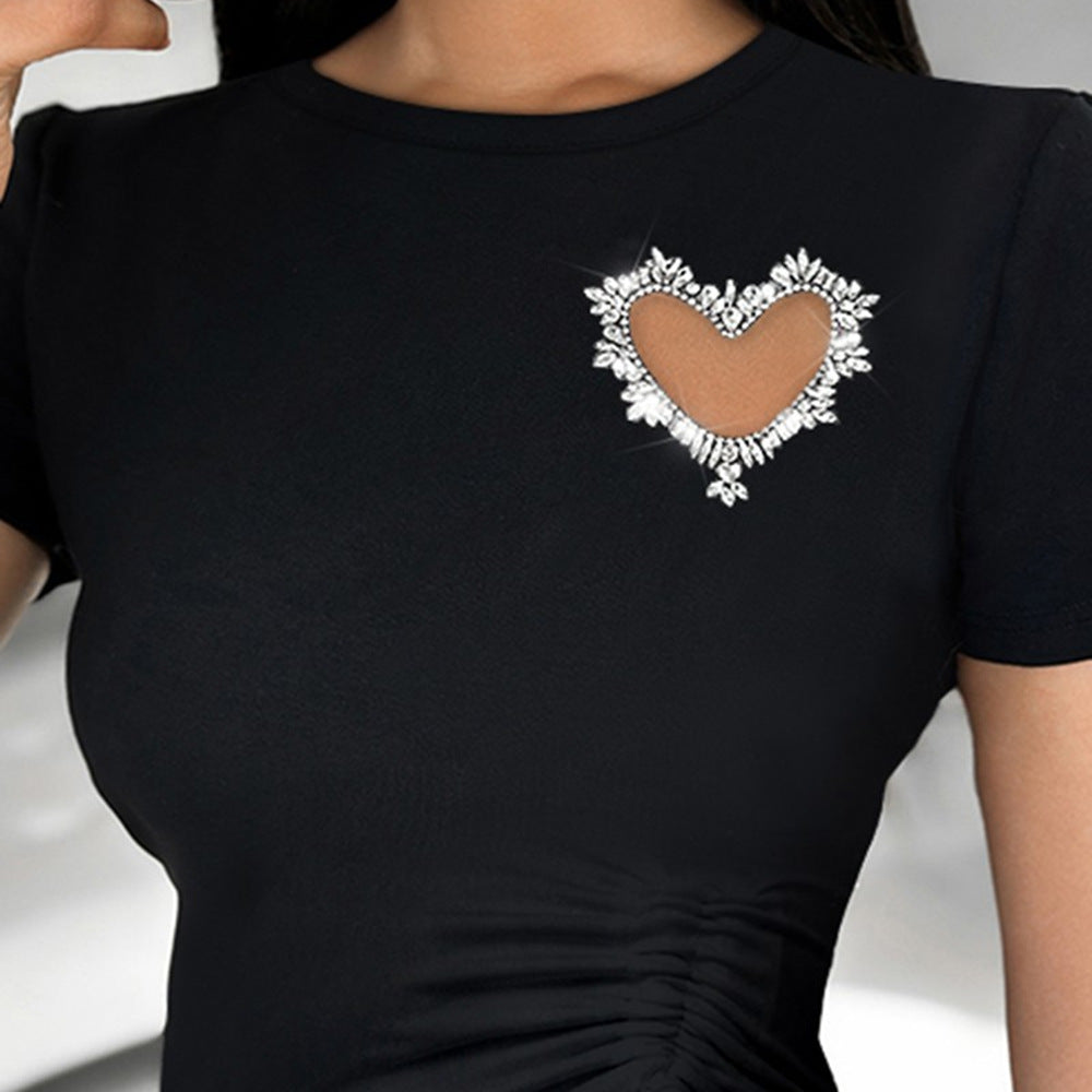 Women's Rhinestone Heart Lace-Up Short Sleeve T-Shirt in Black - view 4