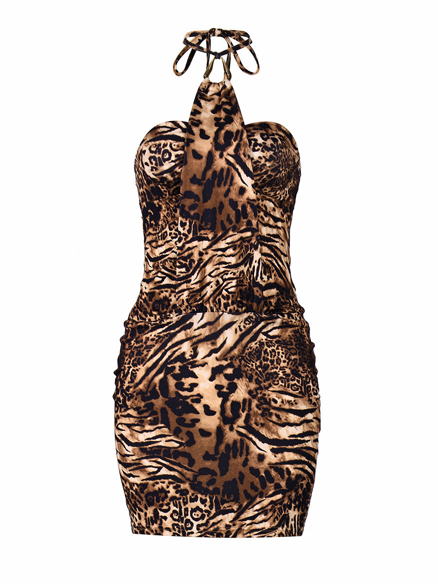 Women's Leopard Print Halter Pleated Dress