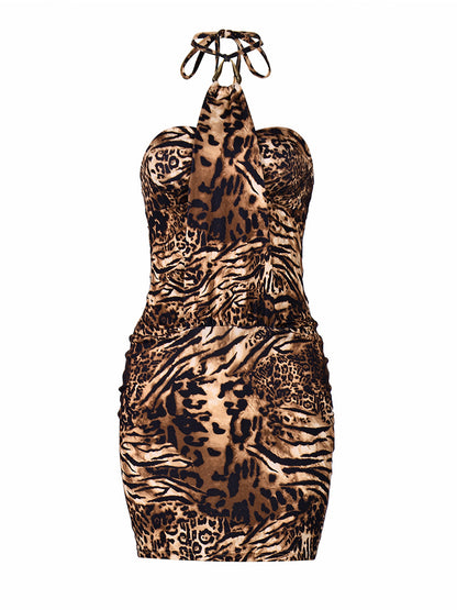 Women's Leopard Print Halter Pleated Dress