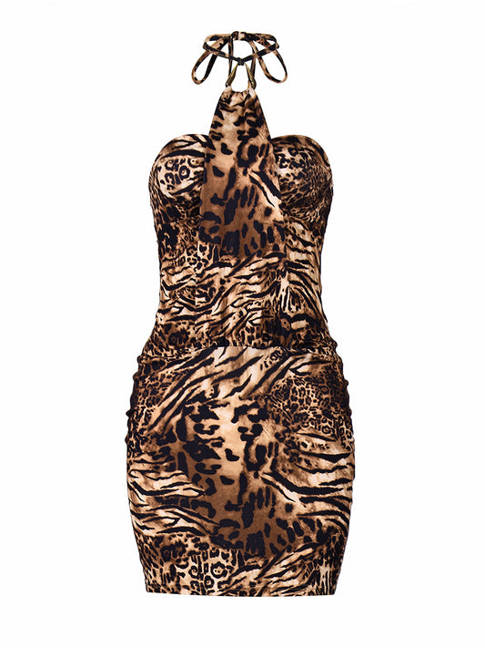 Women's Leopard Print Halter Pleated Dress