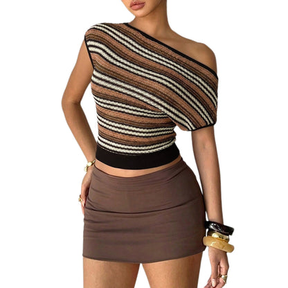Women's Striped Knit Short Sleeve T-Shirt in Brown - view 5