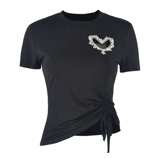 Women's Rhinestone Heart Lace-Up Short Sleeve T-Shirt in Black - view 6