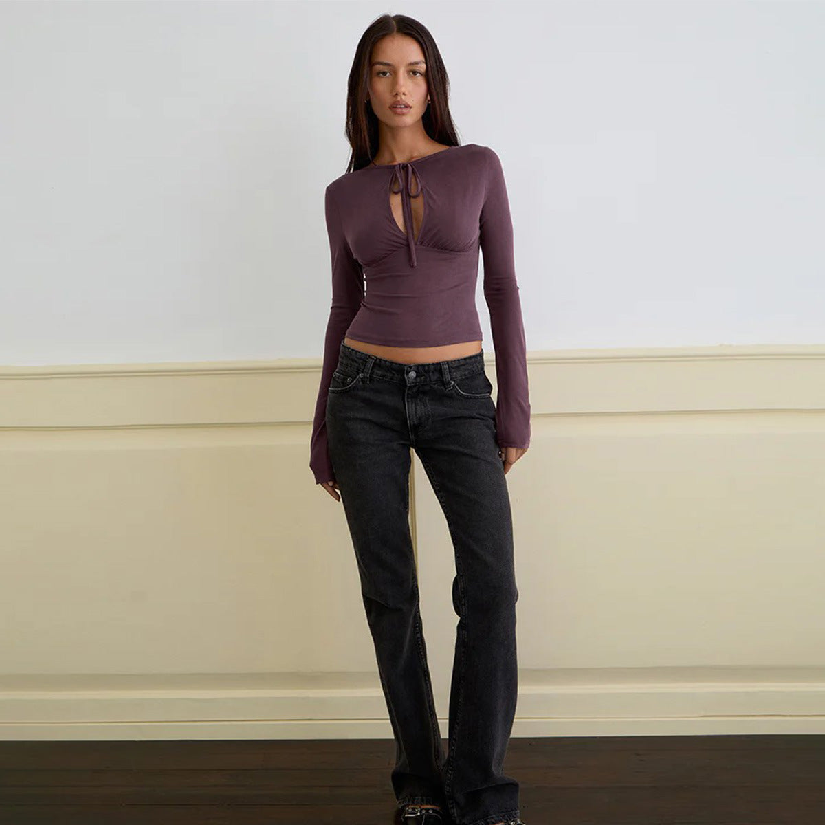 Women's Hollow Bow Tie Slim Top in Dark Purple - view 3