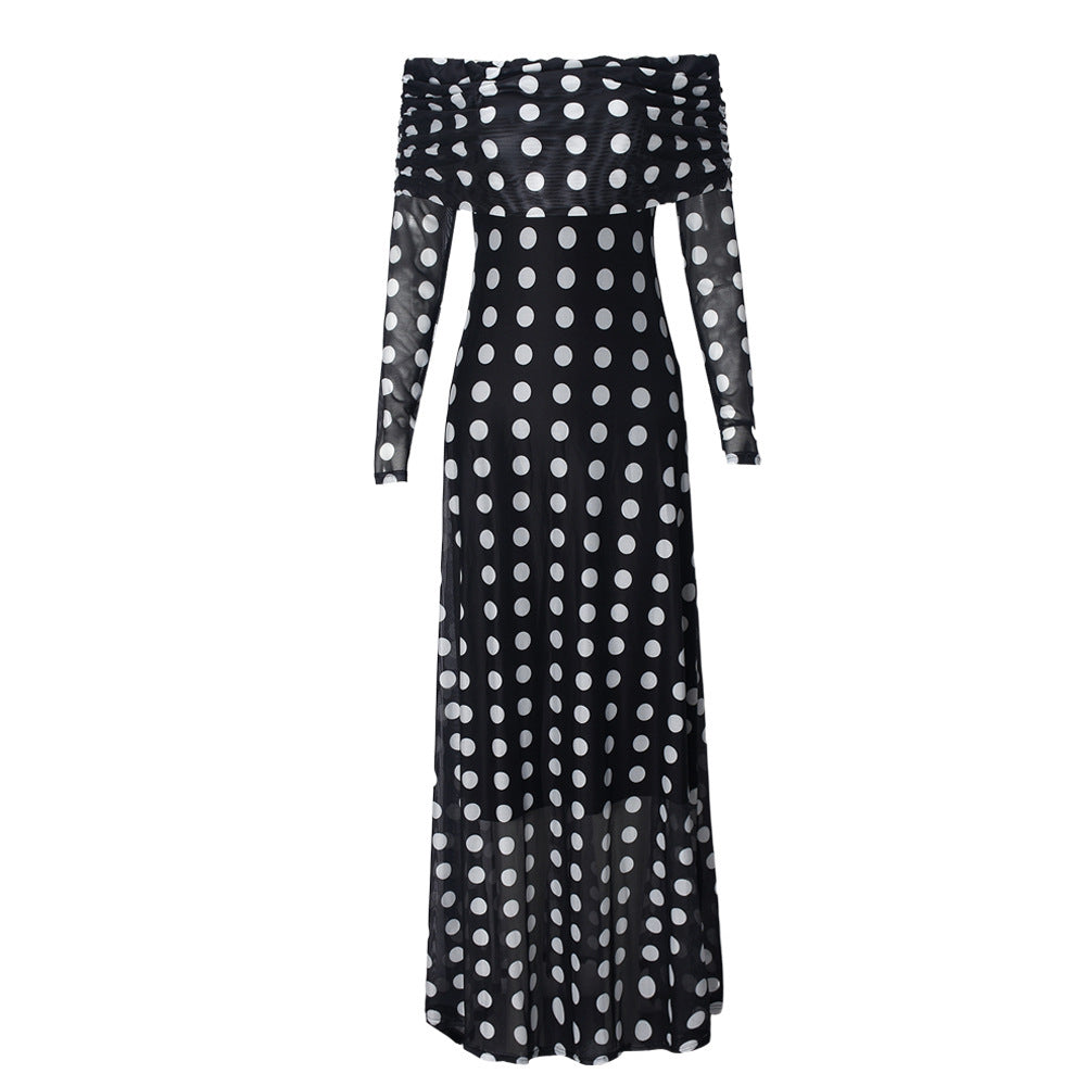 Women's One Shoulder Polka Dot Mesh Dress