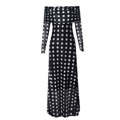 Women's One Shoulder Polka Dot Mesh Dress