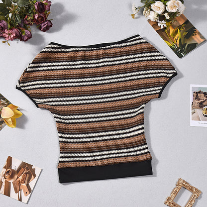 Women's Striped Knit Short Sleeve T-Shirt in Brown - view 6