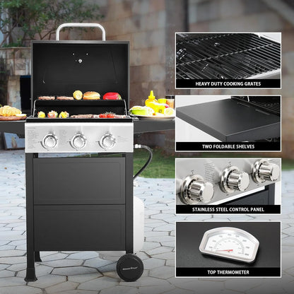Burner BBQ Propane Gas Grill, Stainless Steel 30,000 BTU Patio Garden Barbecue Grill with Two Foldable Shelves